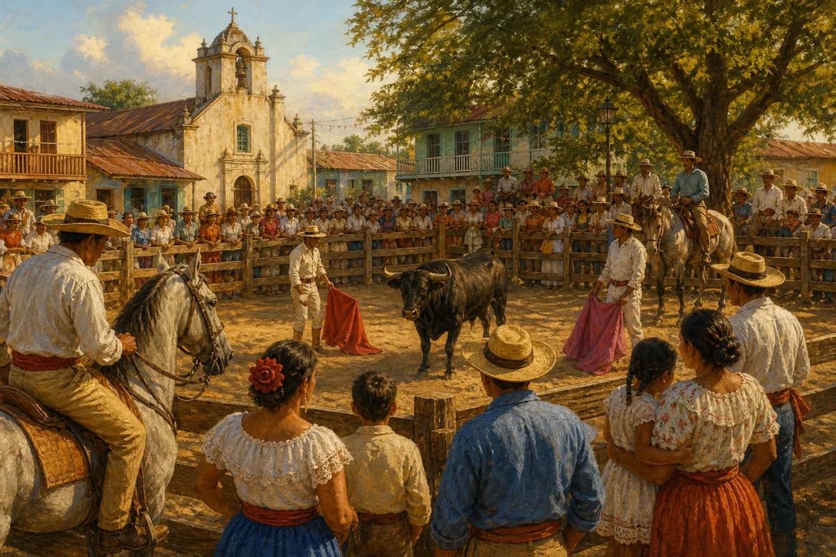 Ilustración editorial de una corrida de toros tradicional en El Seibo, con público y barrera de madera
