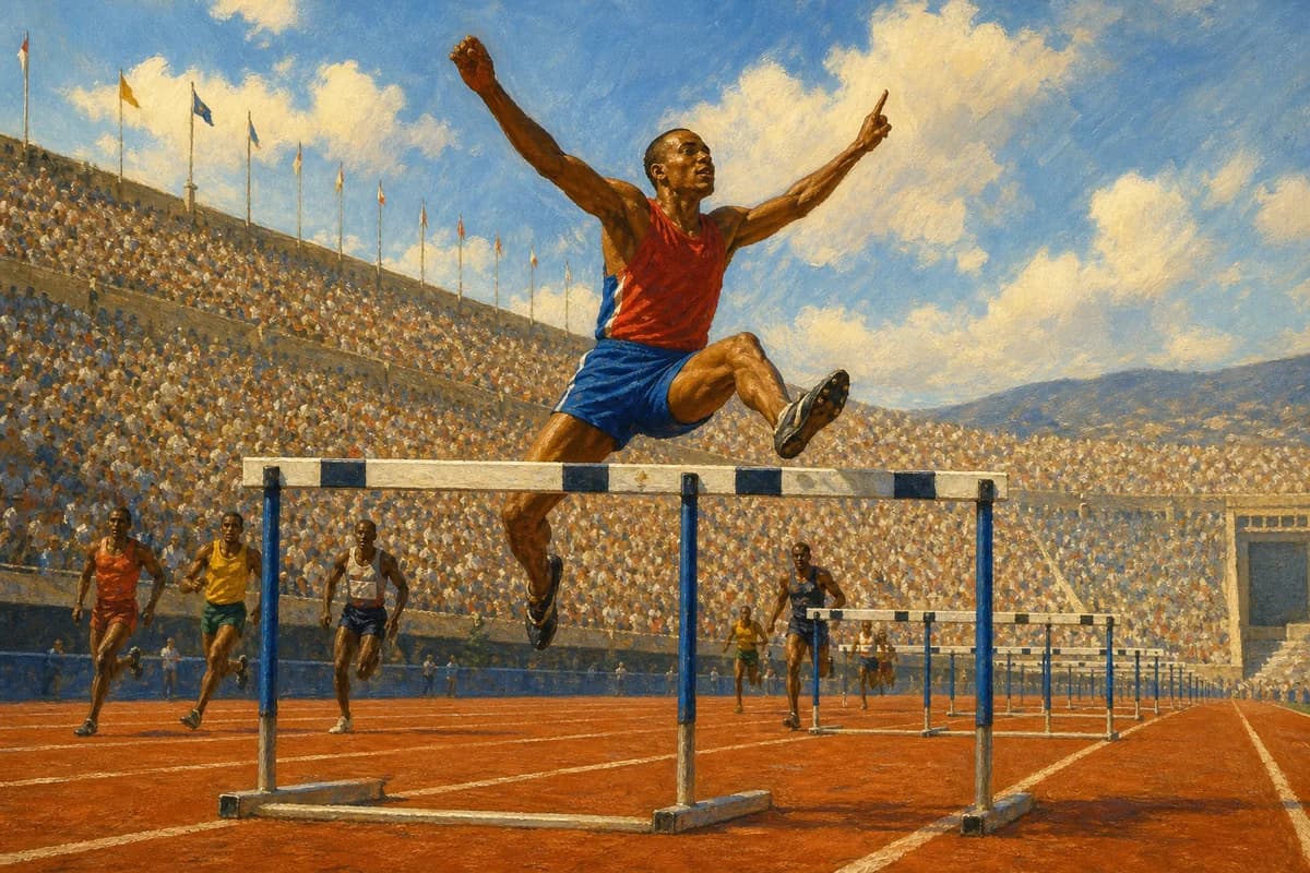 Ilustración editorial de un corredor dominicano superando una valla en una pista olímpica al atardecer