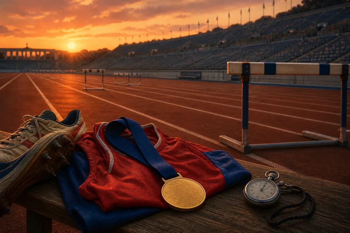 Ilustración editorial de una camiseta, una medalla y vallas en una pista olímpica vacía