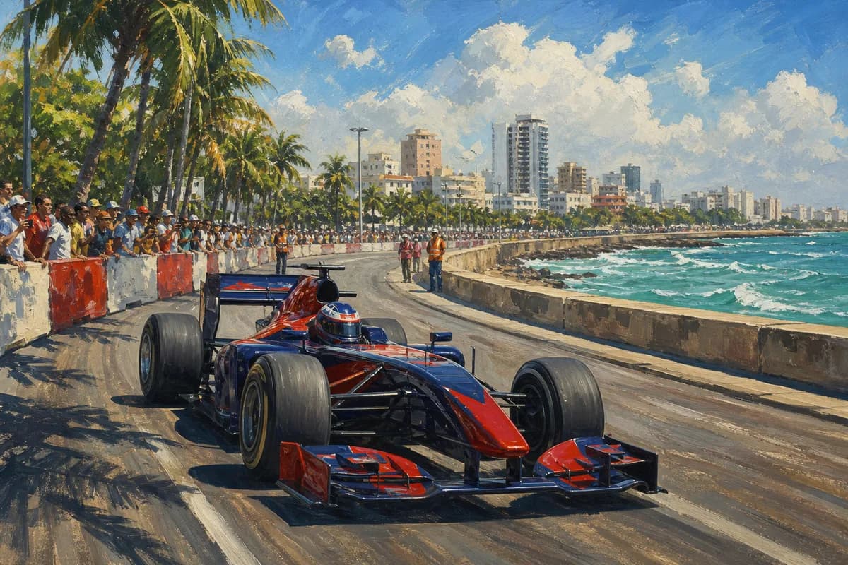 Ilustración editorial de un monoplaza de Fórmula 1 recorriendo el Malecón de Santo Domingo en 2010
