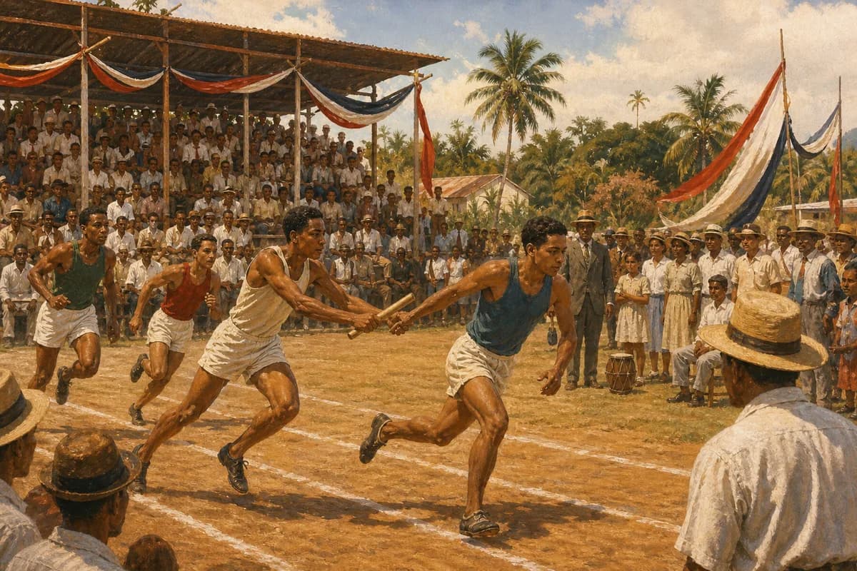 Ilustración editorial de una competencia de atletismo y una multitud en los primeros Juegos Deportivos Nacionales de 1937