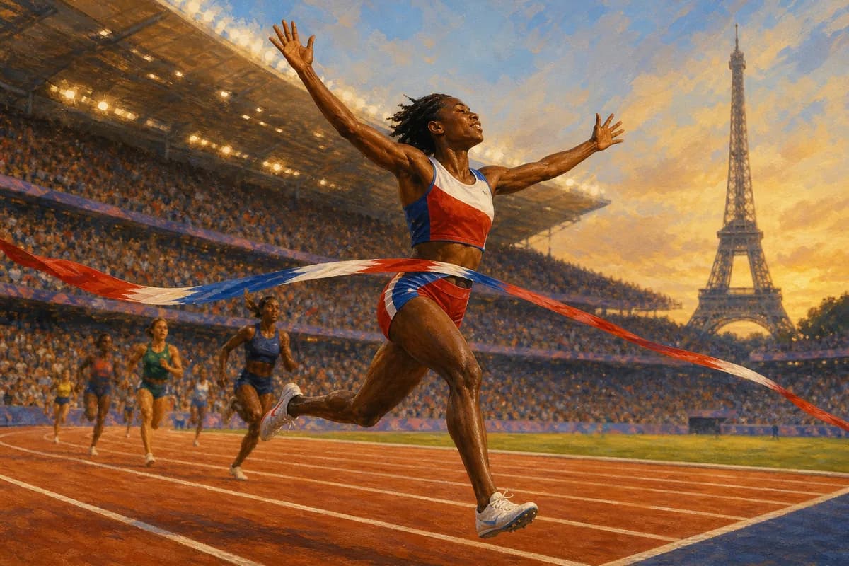 Ilustración editorial de una velocista dominicana cruzando la meta en una pista olímpica de París 2024