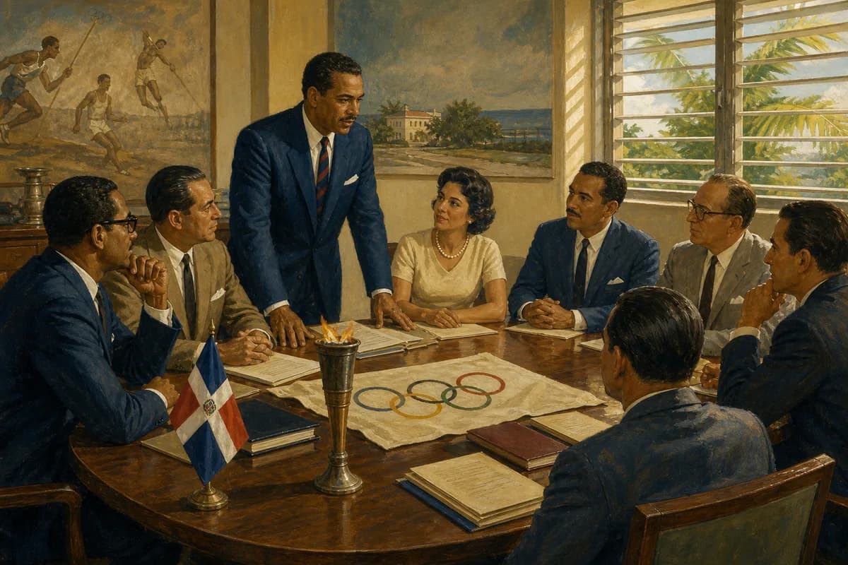 Ilustración editorial de la organización del movimiento olímpico dominicano en una sala de reuniones de 1962