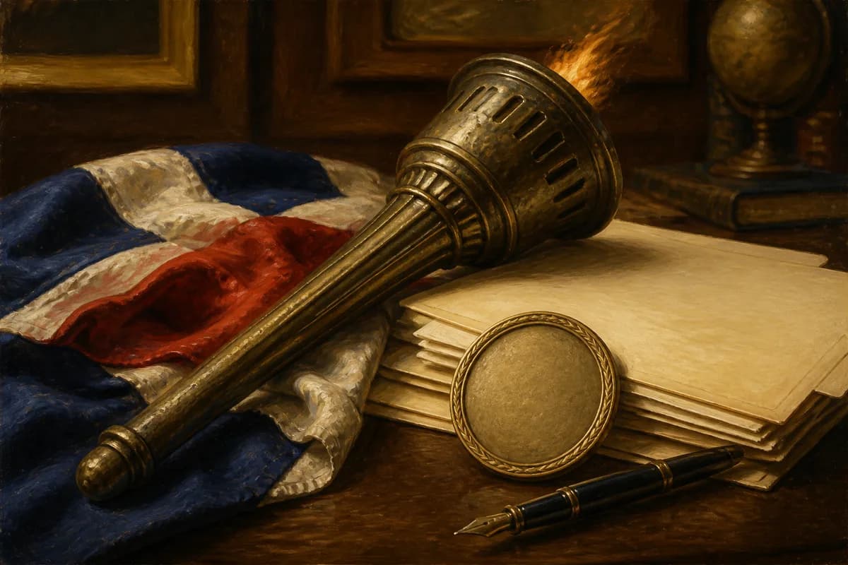 Ilustración editorial de una carpeta institucional, una antorcha y documentos del movimiento olímpico dominicano