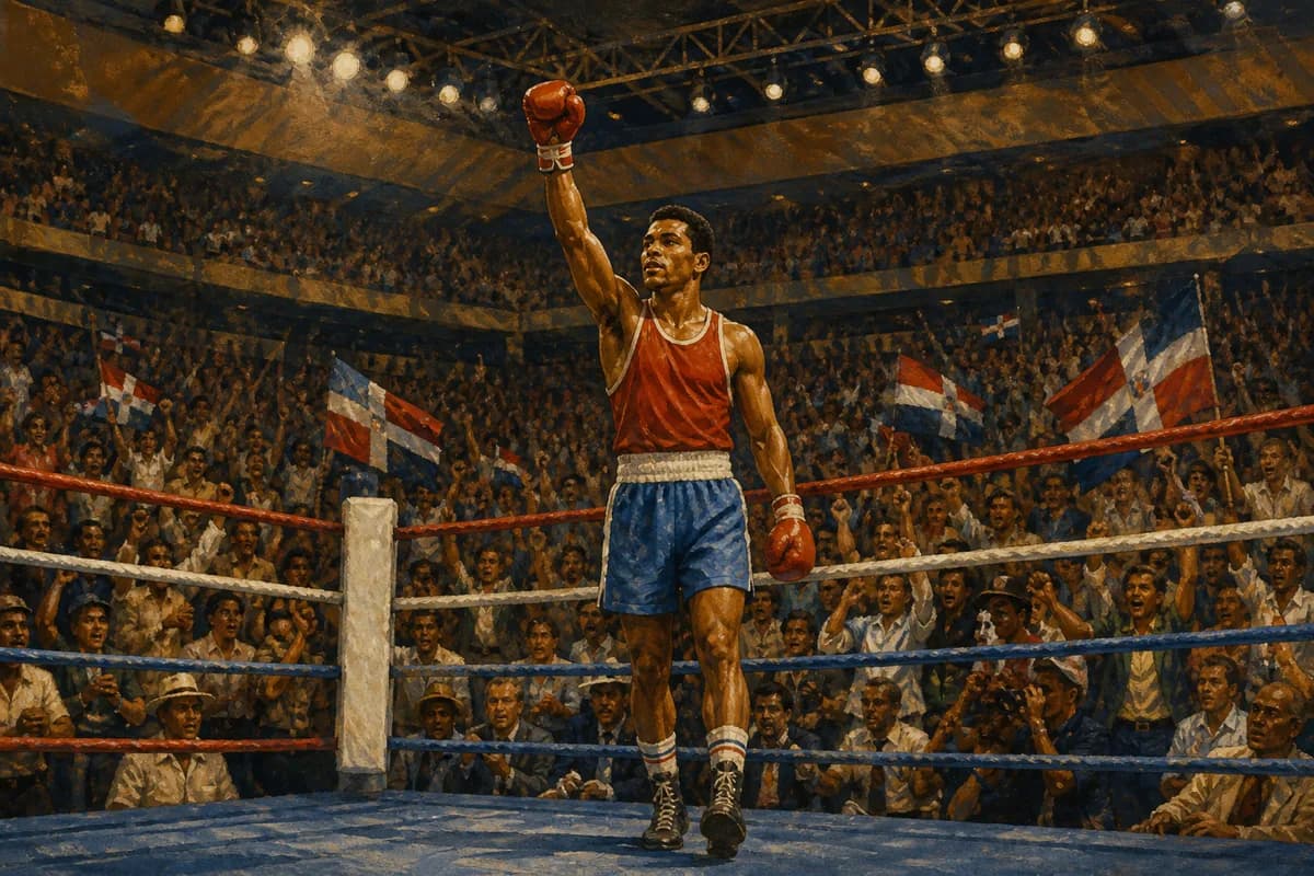 Ilustración editorial de un boxeador dominicano celebrando una medalla en un cuadrilátero olímpico de 1984