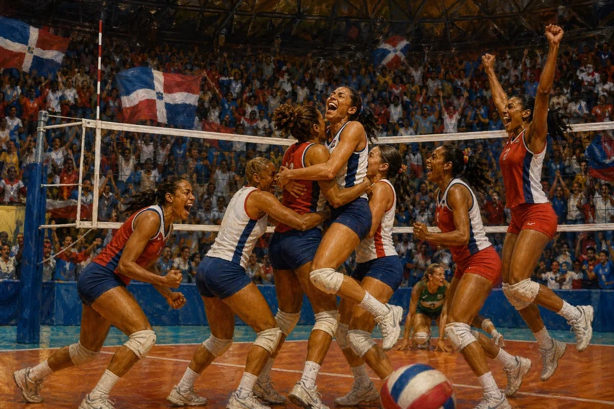 Ilustración editorial de jugadoras dominicanas celebrando un punto decisivo de voleibol en 2003