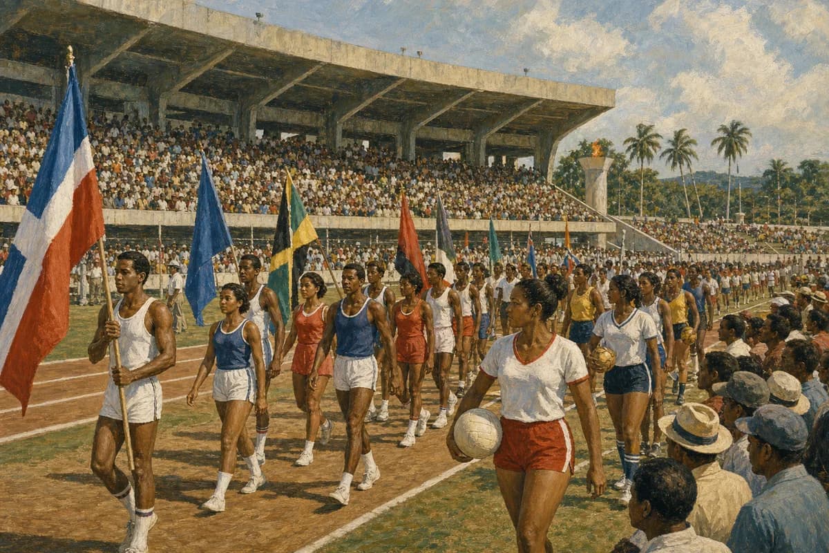 Ilustración editorial de atletas y público en los Juegos Centroamericanos y del Caribe de Santo Domingo de 1974