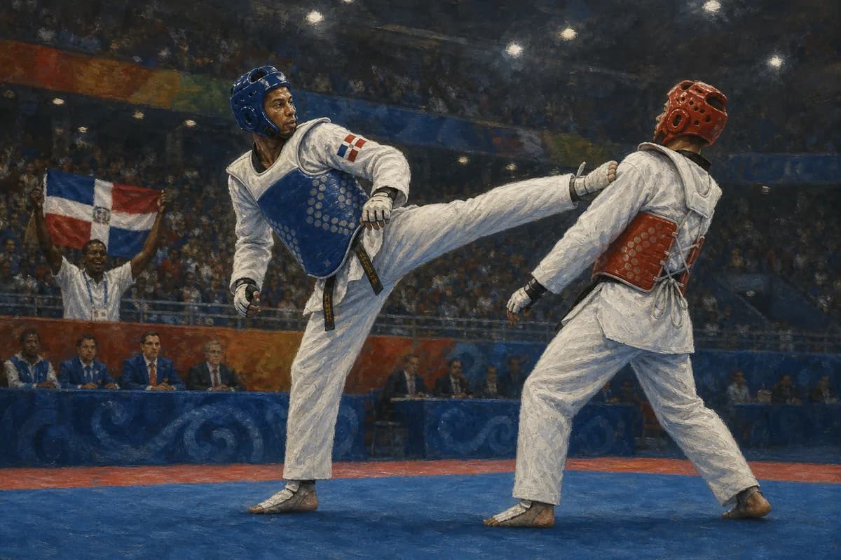 Ilustración editorial de un combate de taekwondo dominicano en una arena olímpica durante 2008