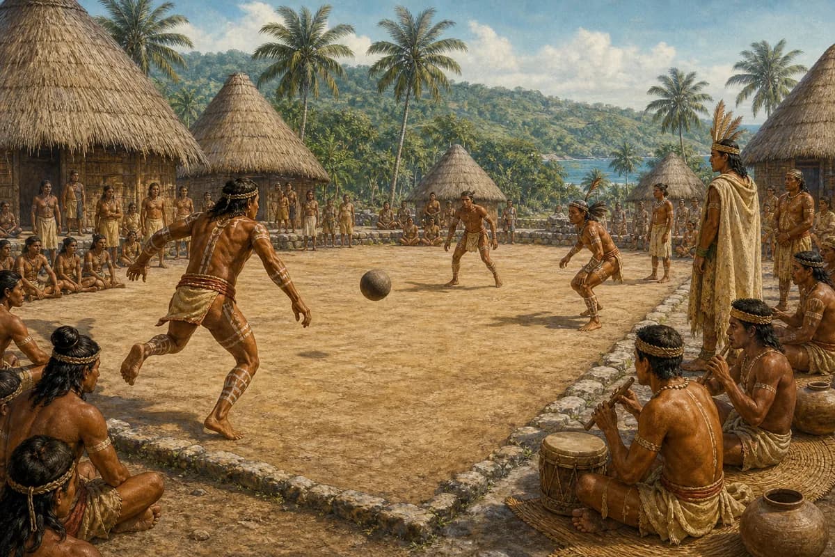 Ilustración editorial de un juego de pelota taíno en un batey de La Española antes de 1492