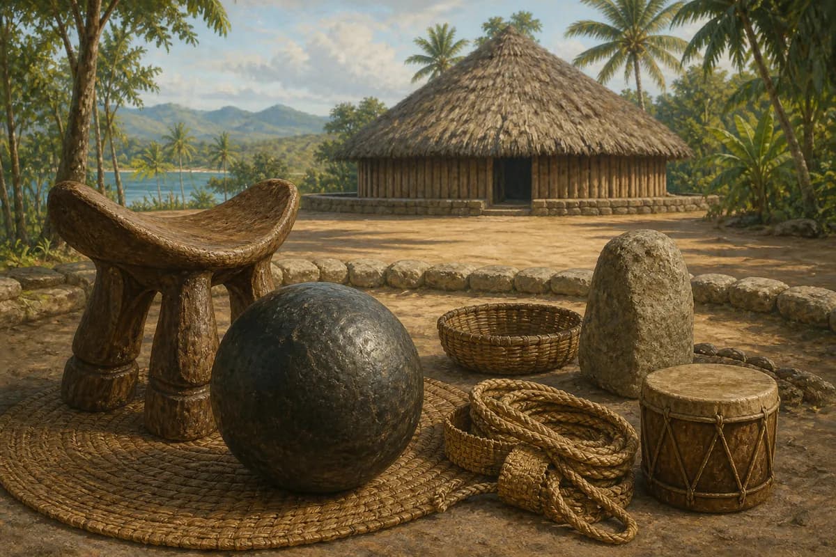 Ilustración editorial de una pelota, fibras y objetos de un batey taíno junto a un bohío