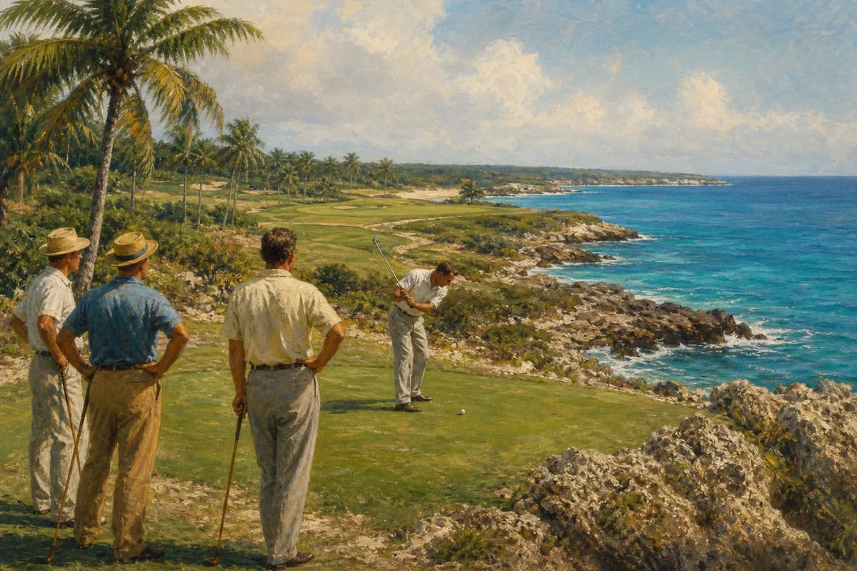 Ilustración editorial de golfistas jugando en un campo costero dominicano de comienzos de los años setenta