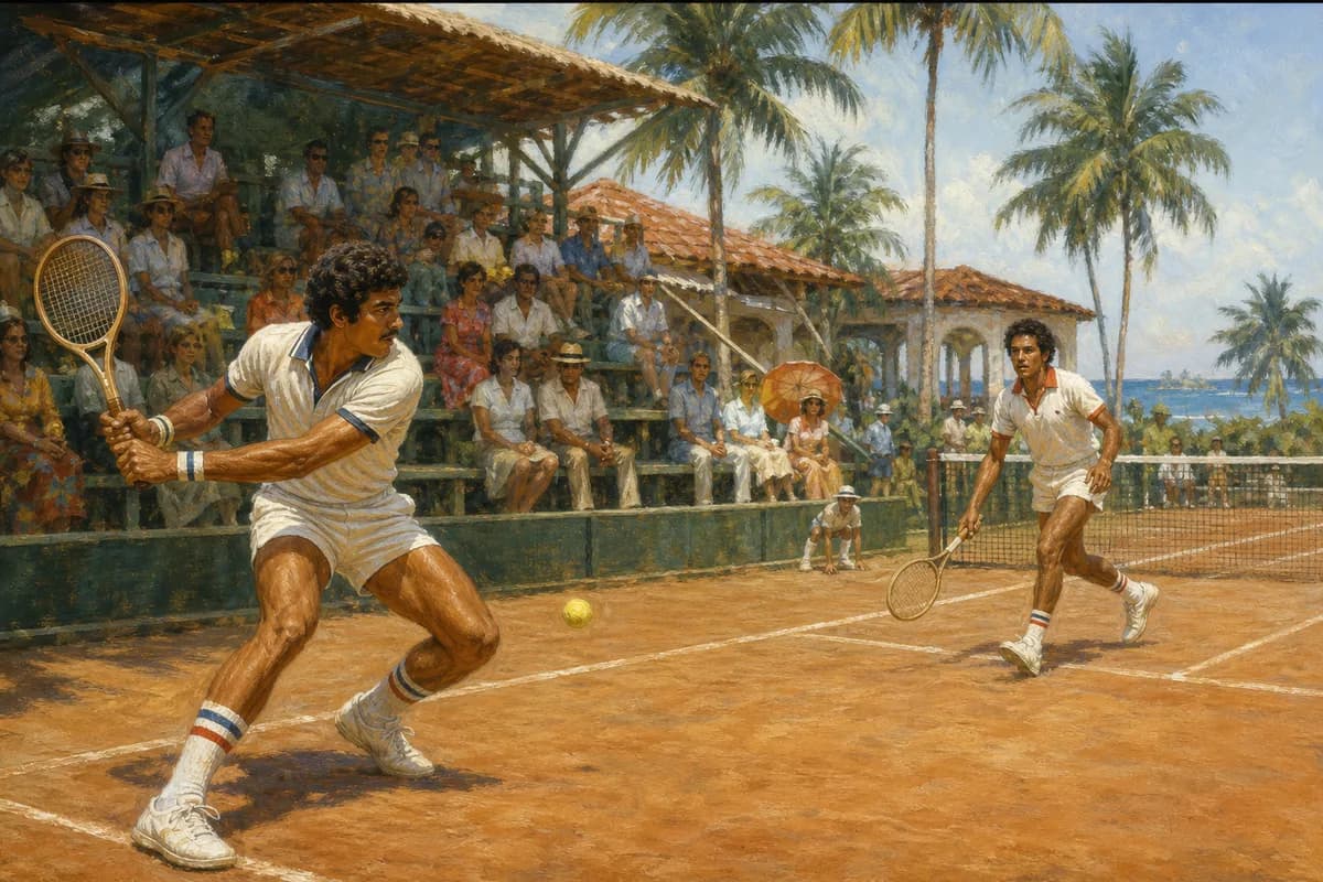 Ilustración editorial de un partido de tenis entre jugadores dominicanos y puertorriqueños en Casa de Campo en 1978