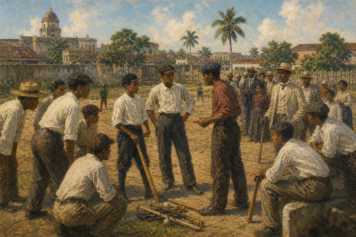 Ilustración editorial de jugadores y vecinos reunidos alrededor de un campo de béisbol en Santo Domingo a comienzos del siglo XX