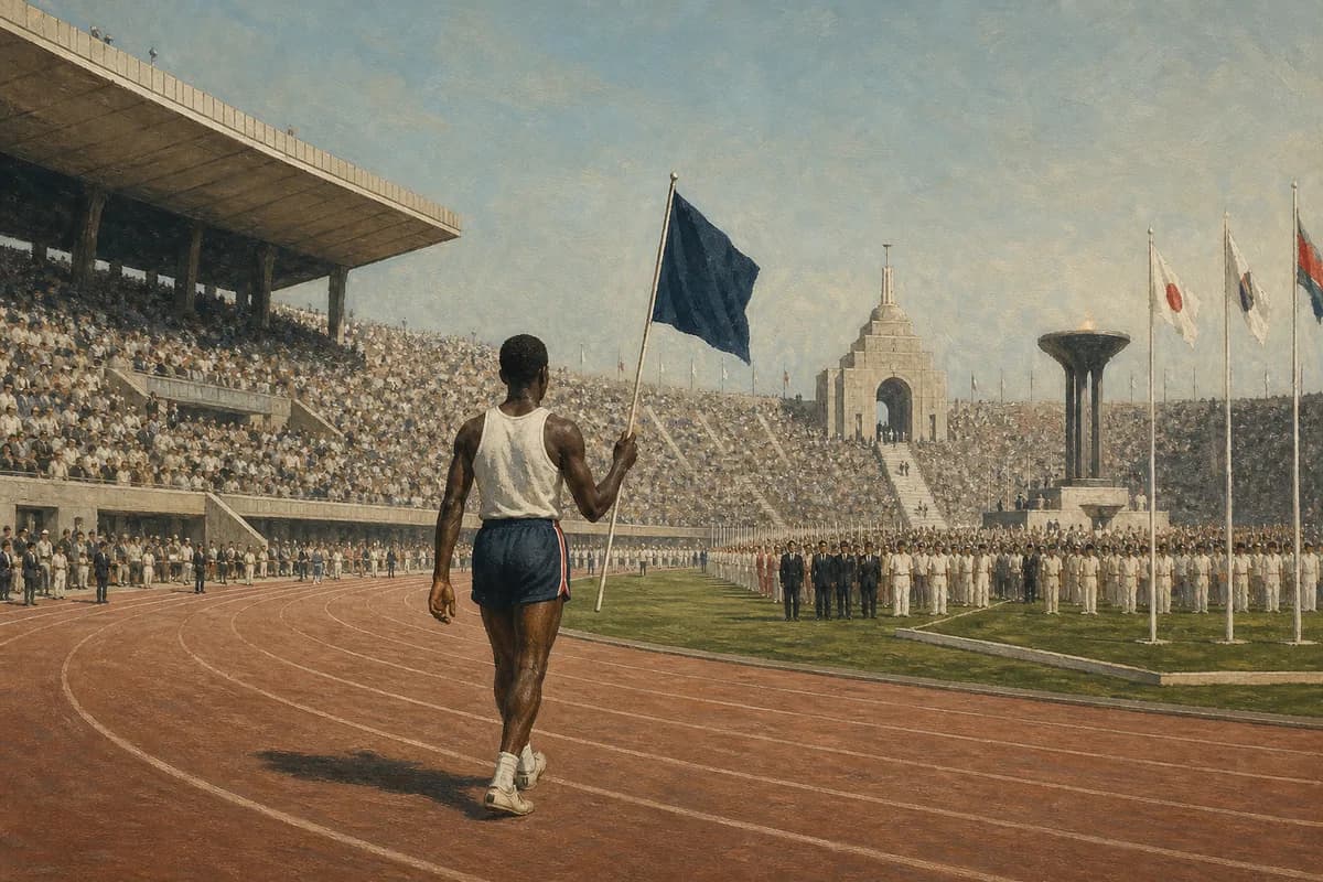 Ilustración editorial de un atleta dominicano entrando a un estadio olímpico en Tokio en 1964