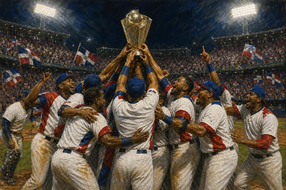 Ilustración editorial de una selección dominicana de béisbol levantando un trofeo después de la final de 2013