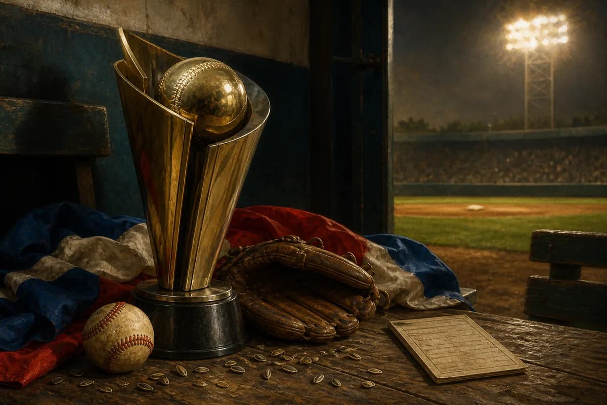 Ilustración editorial de un trofeo, una pelota y un guante en un clubhouse después de una final de béisbol