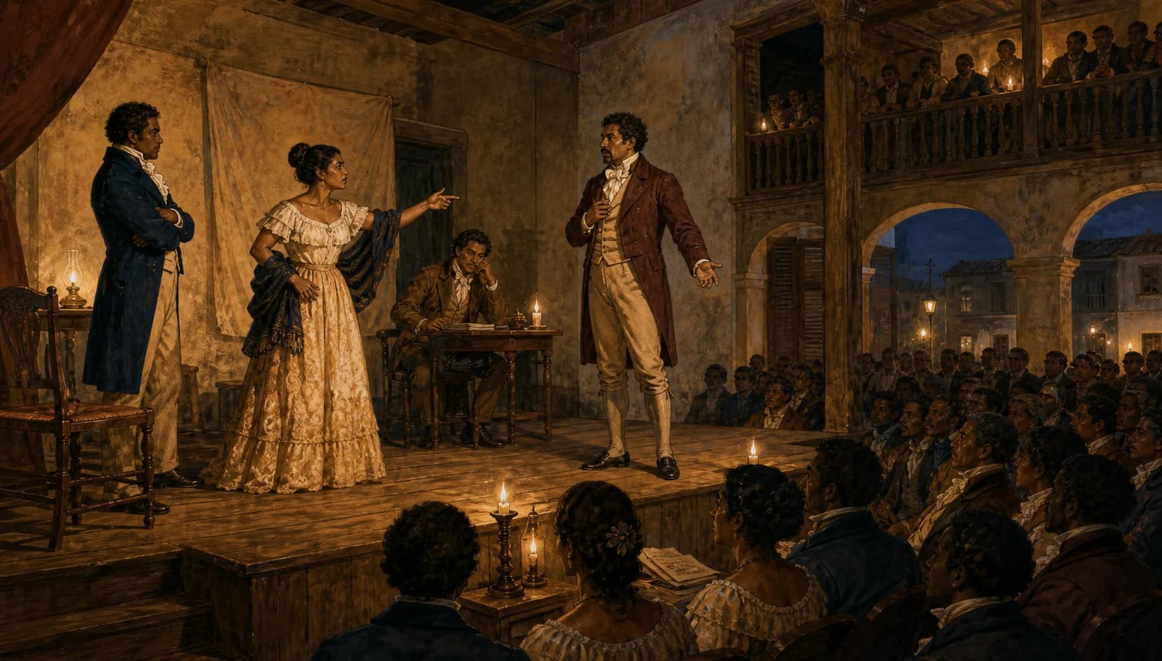 Ilustración editorial de una representación de La Dramática en un teatro colonial de Santo Domingo alrededor de 1840