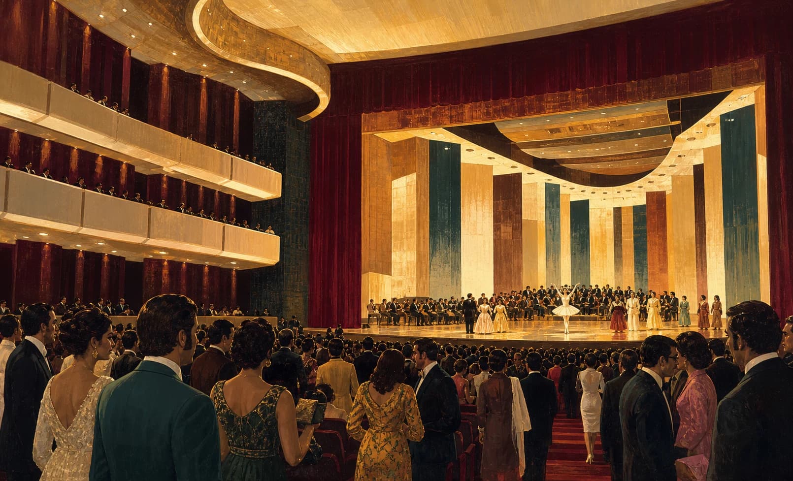 Ilustración editorial de la inauguración del Teatro Nacional de Santo Domingo durante un festival de 1973