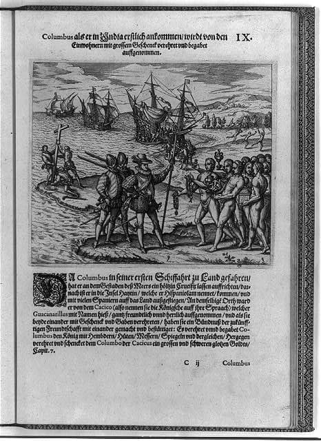 Grabado europeo de 1594 atribuido a Theodor de Bry que representa la llegada de Colón a La Española