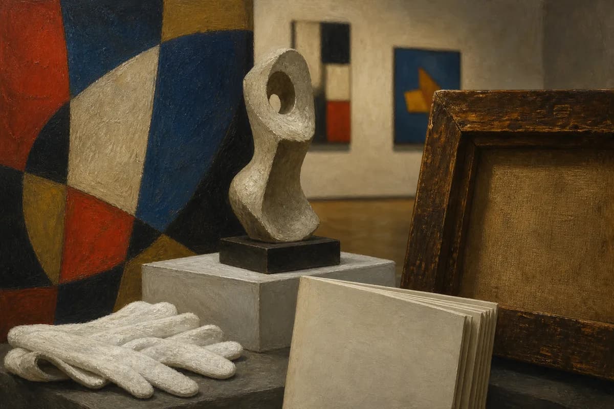 Ilustración editorial de una sala de galería con un marco, una escultura y un catálogo sin texto legible