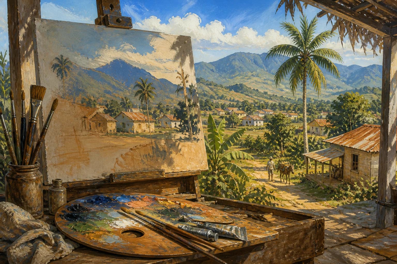 Ilustración editorial de una paleta, pinceles y un paisaje dominicano en un estudio de pintura de los años treinta