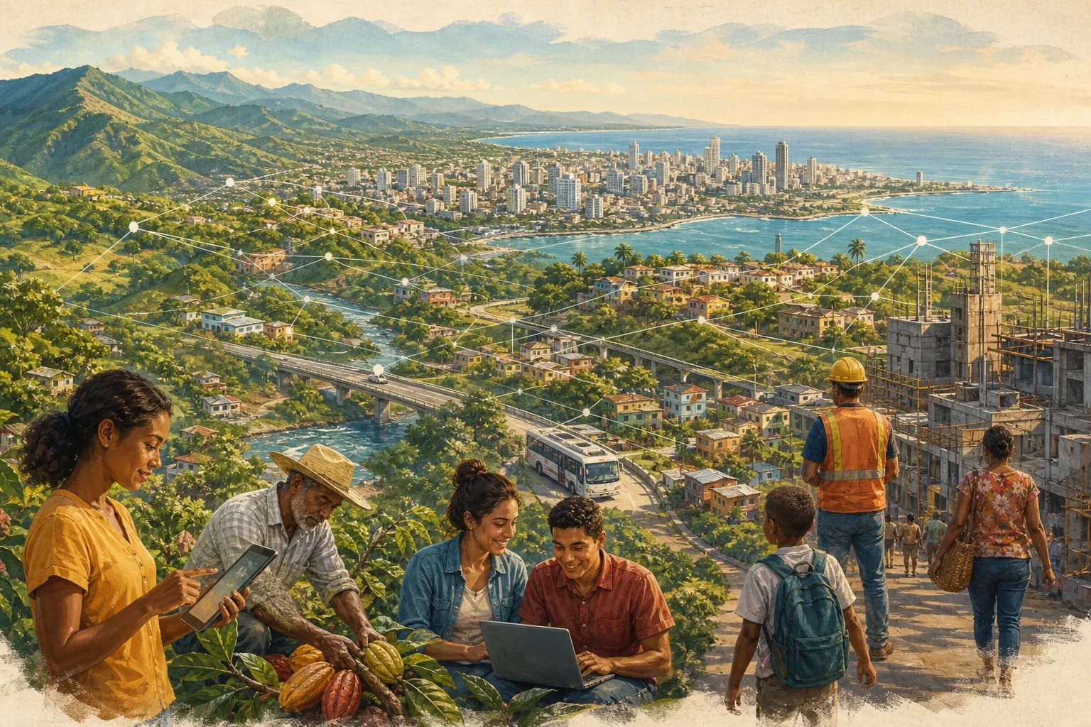 Ilustración editorial de personas, caminos, costa, montañas y ciudades de la República Dominicana actual