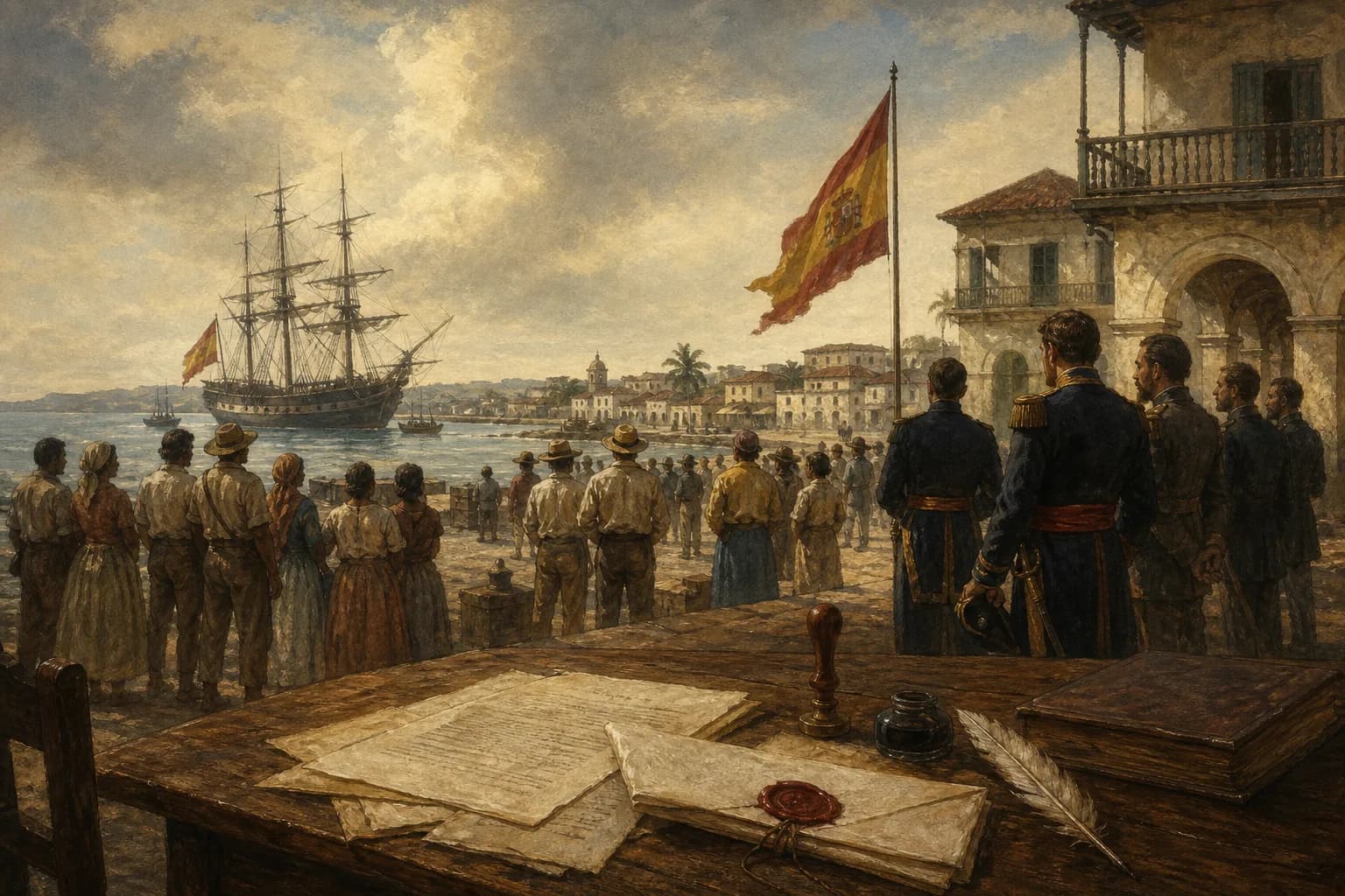 Ilustración editorial de un puerto dominicano durante la anexión a España de 1861