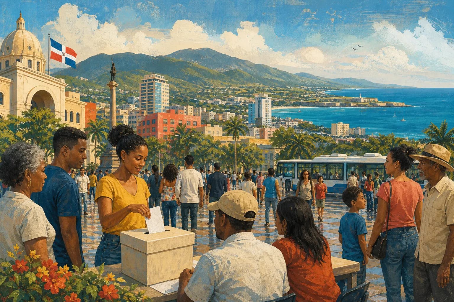 Ilustración editorial de participación cívica y vida pública dominicana desde la apertura democrática