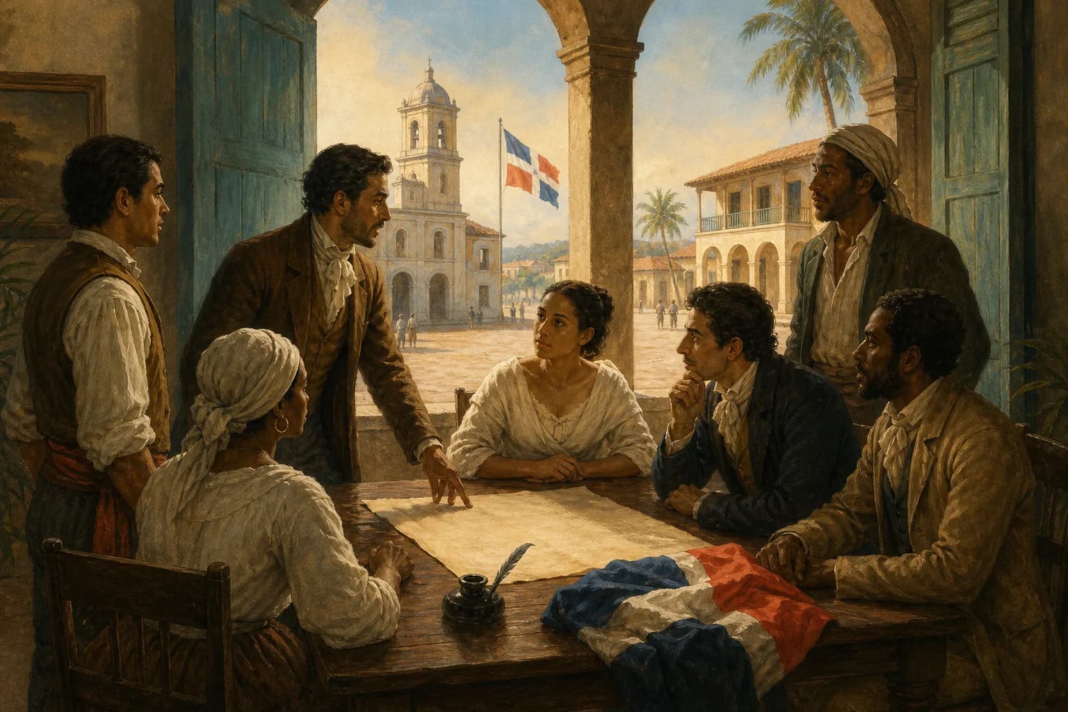 Ilustración editorial de ciudadanos en una plaza del siglo XIX junto a una bandera dominicana