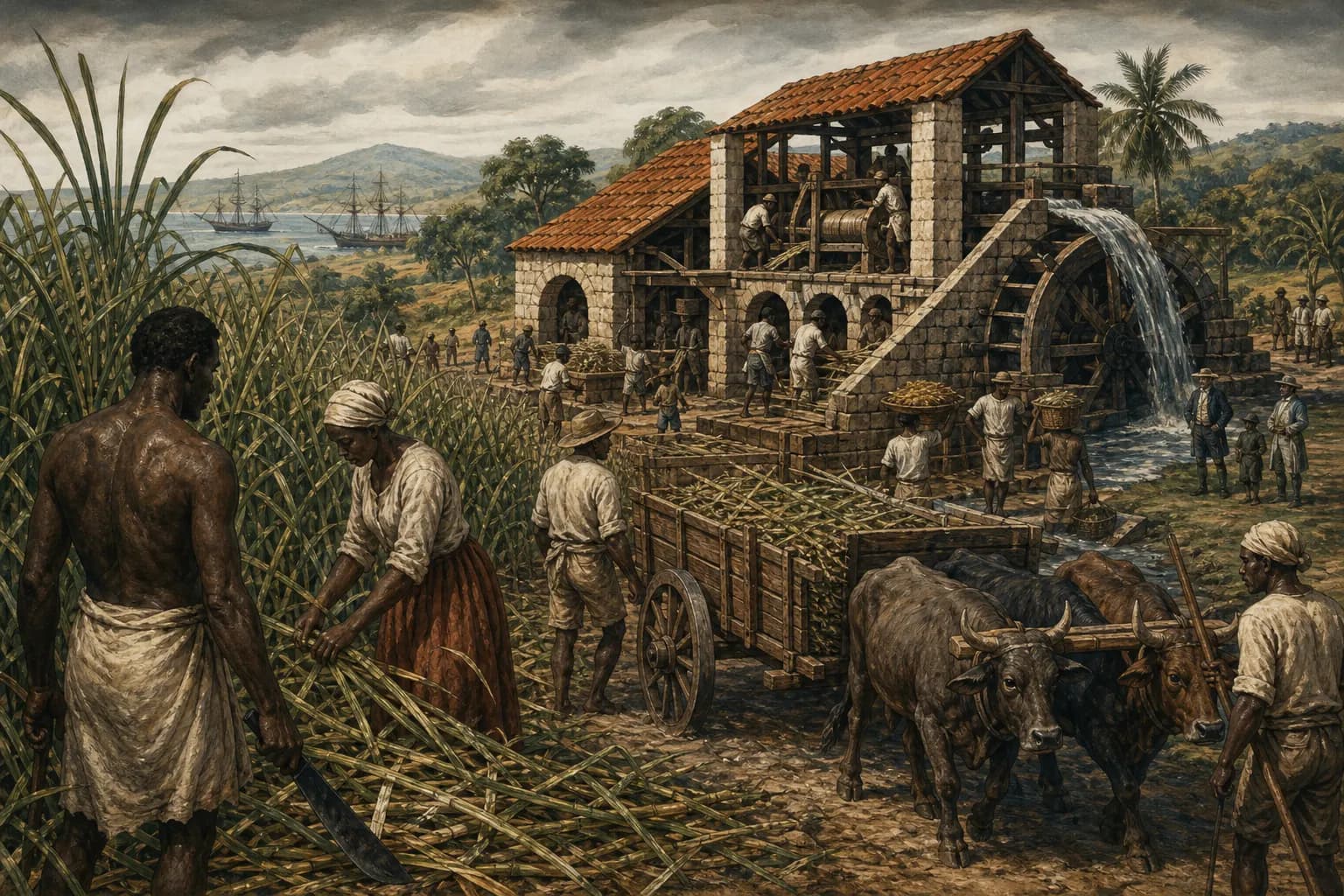 Ilustración editorial de un ingenio azucarero colonial y la transformación del paisaje y el trabajo
