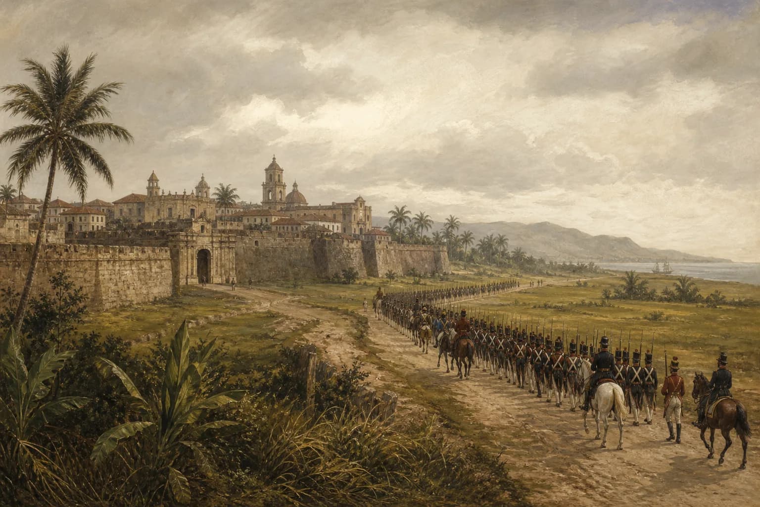 Ilustración editorial de la entrada de tropas a Santo Domingo durante la primera invasión haitiana de 1801