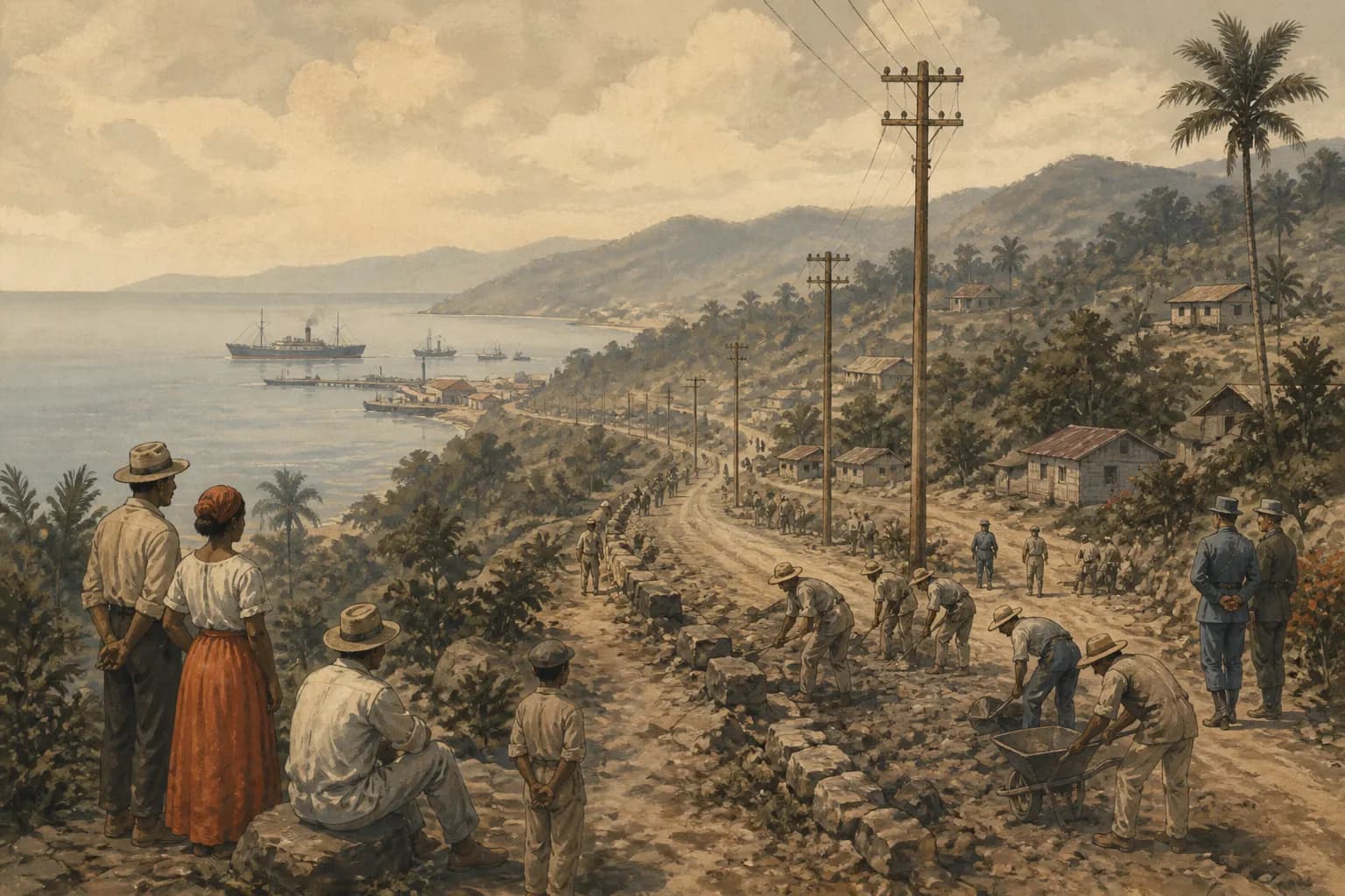 Ilustración editorial de caminos, telégrafo y puerto durante la ocupación estadounidense de 1916–1924
