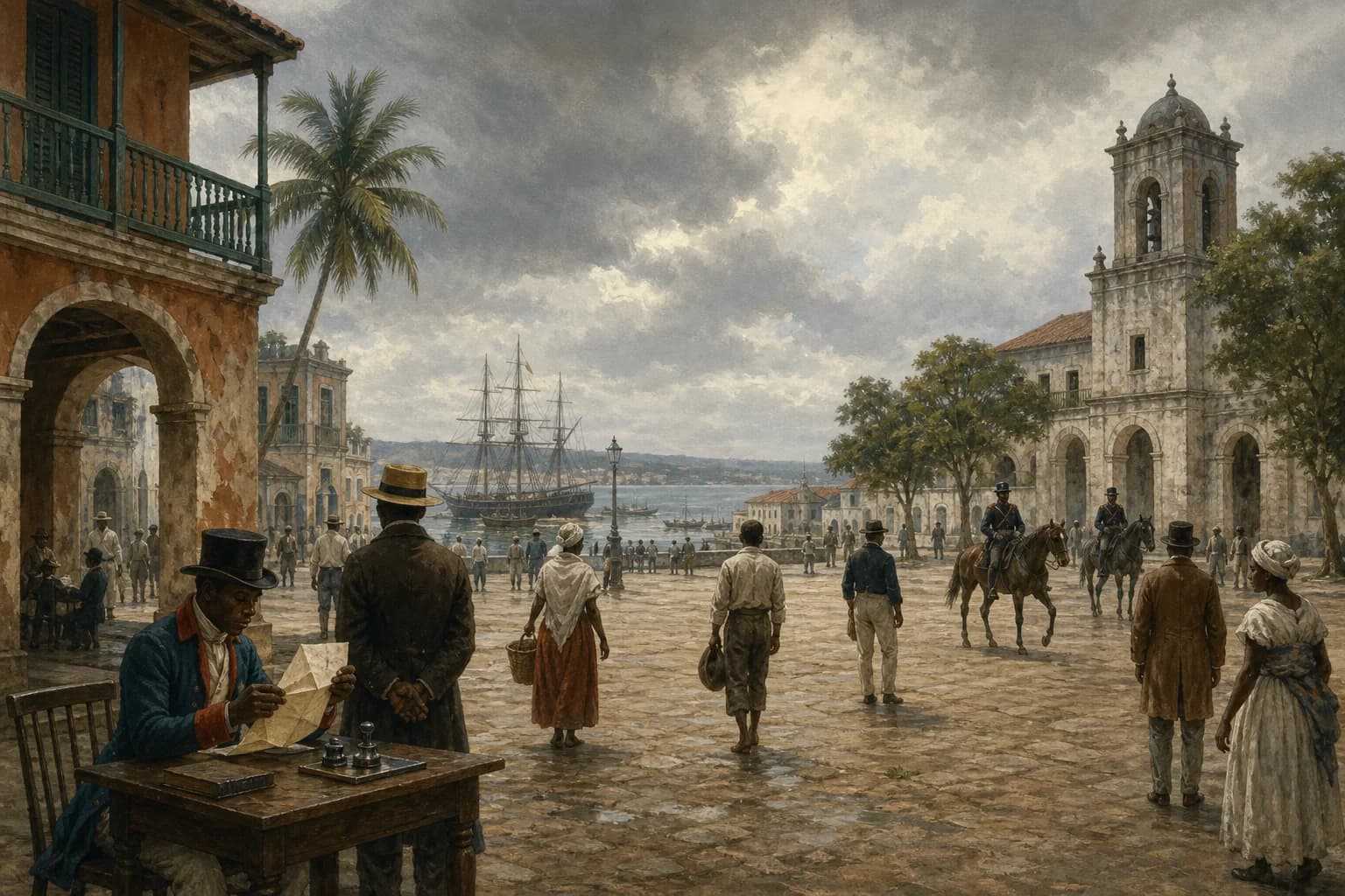 Ilustración editorial de una plaza portuaria de Santo Domingo durante la década de 1820