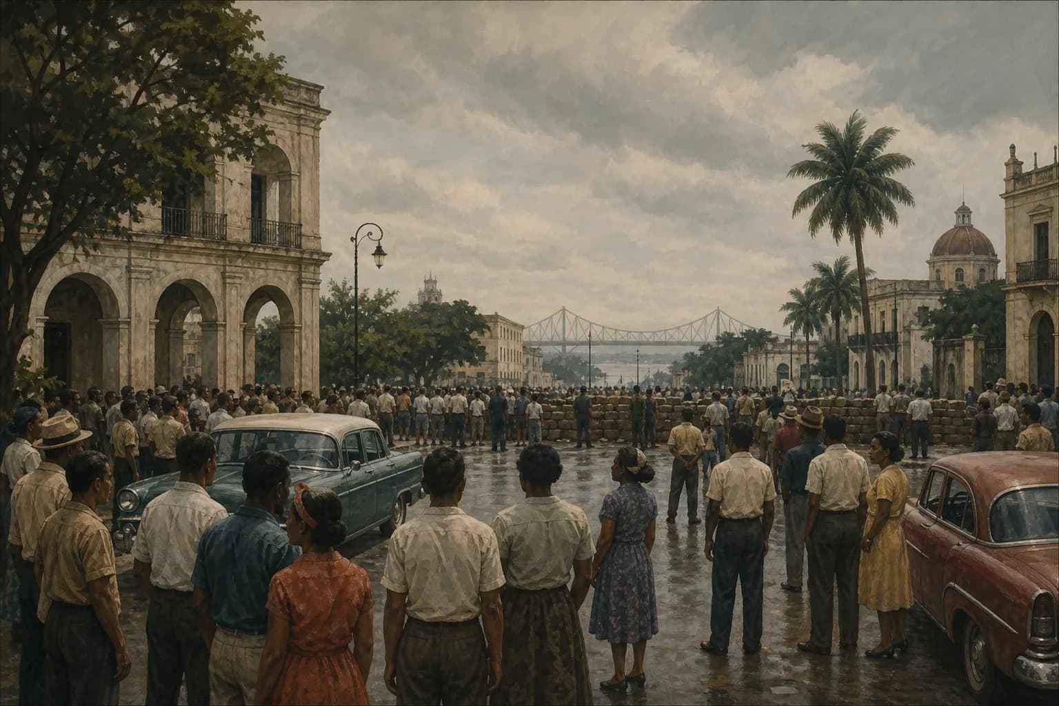 Ilustración editorial de una ciudad, radio y ciudadanía durante la crisis política dominicana de 1965
