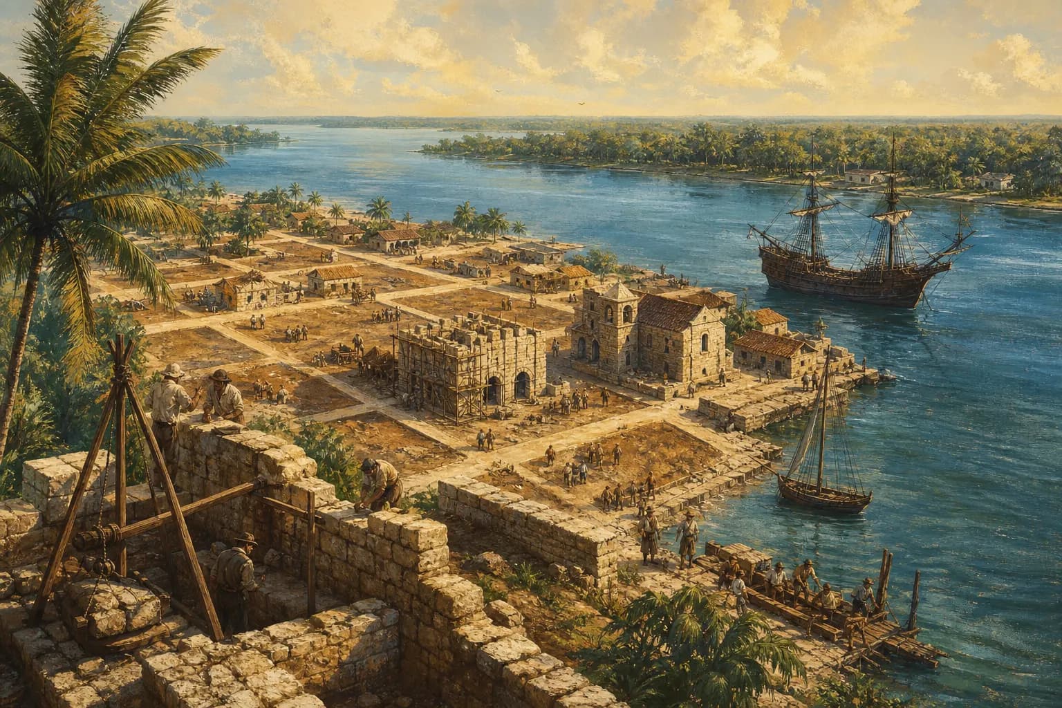 Ilustración editorial del trazado inicial de Santo Domingo junto al Ozama y su puerto