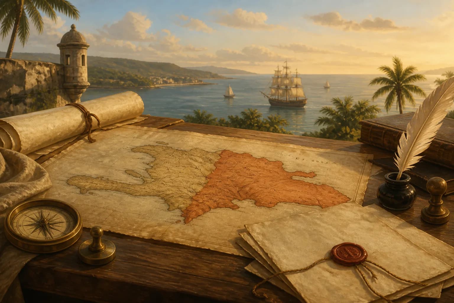 Ilustración editorial de una mesa diplomática y un mapa de La Española durante el final del siglo XVIII