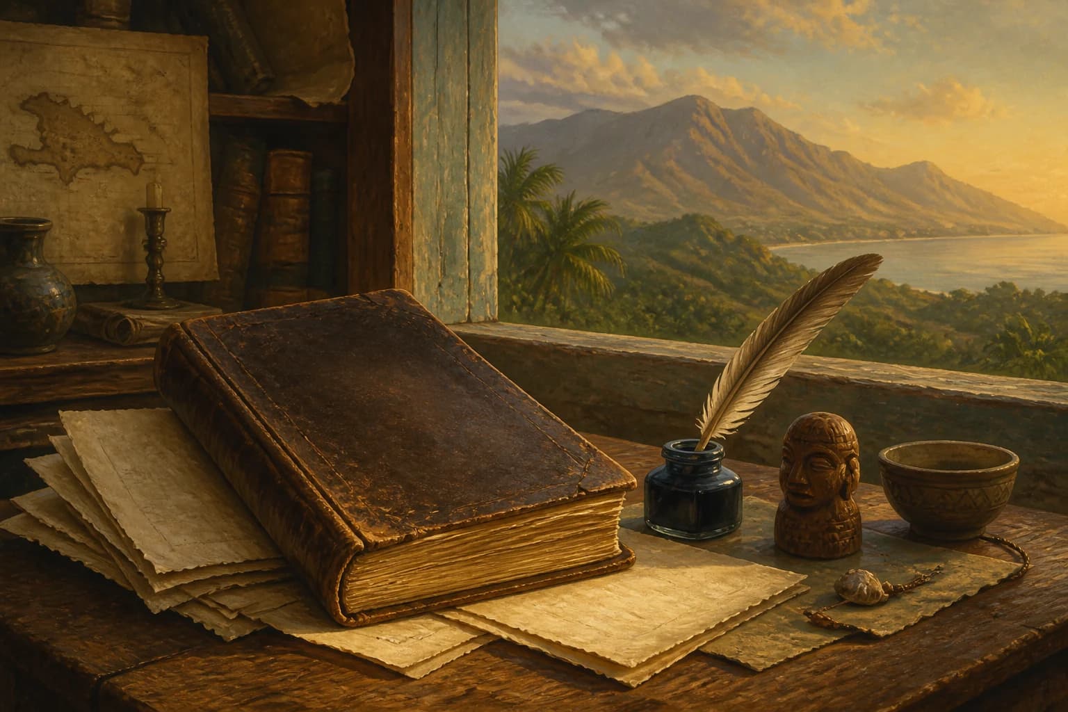 Ilustración editorial de un libro histórico, pluma y paisaje montañoso de La Española