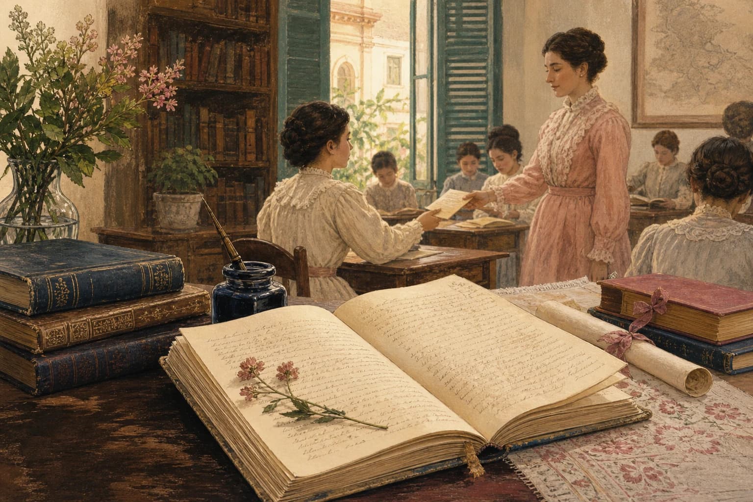 Ilustración editorial de un cuaderno de poesía y una clase de literatura para mujeres en Santo Domingo en 1881