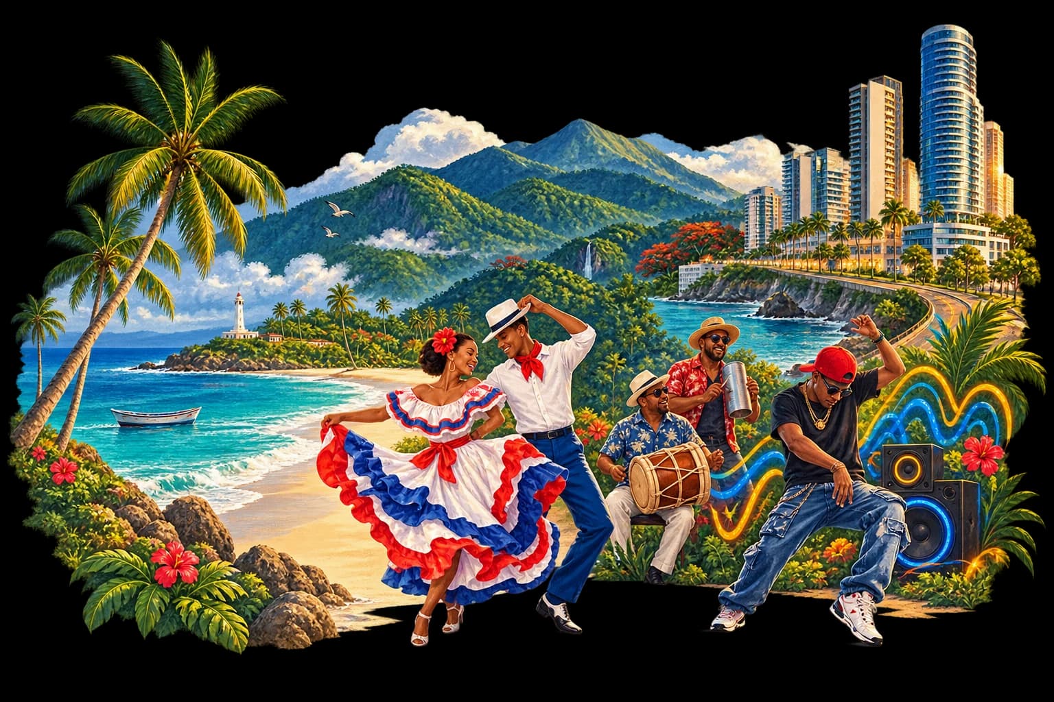 Ilustración editorial de paisaje, ciudad y cultura dominicana vistos como un territorio conectado