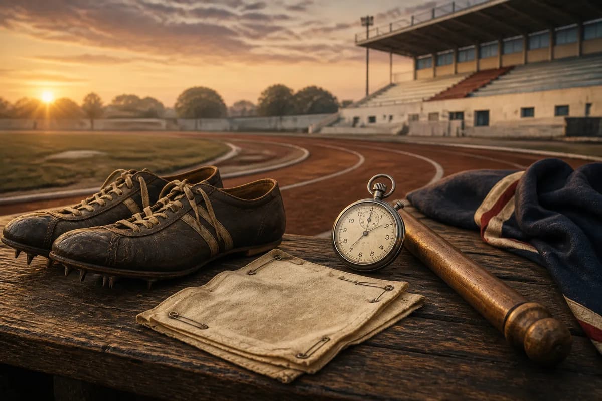 Ilustración editorial de zapatillas, un testigo y una pista de atletismo de mediados del siglo XX
