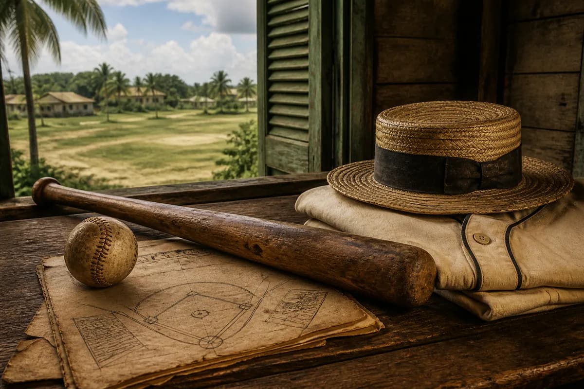 Ilustración editorial de un bate, una pelota y un campo de béisbol antiguo visto desde una ventana caribeña