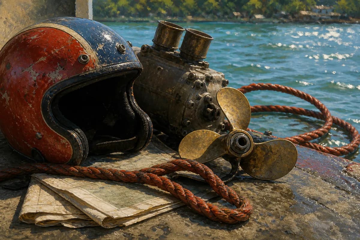 Ilustración editorial de un casco, un motor y una bandera junto a la ribera del río Ozama
