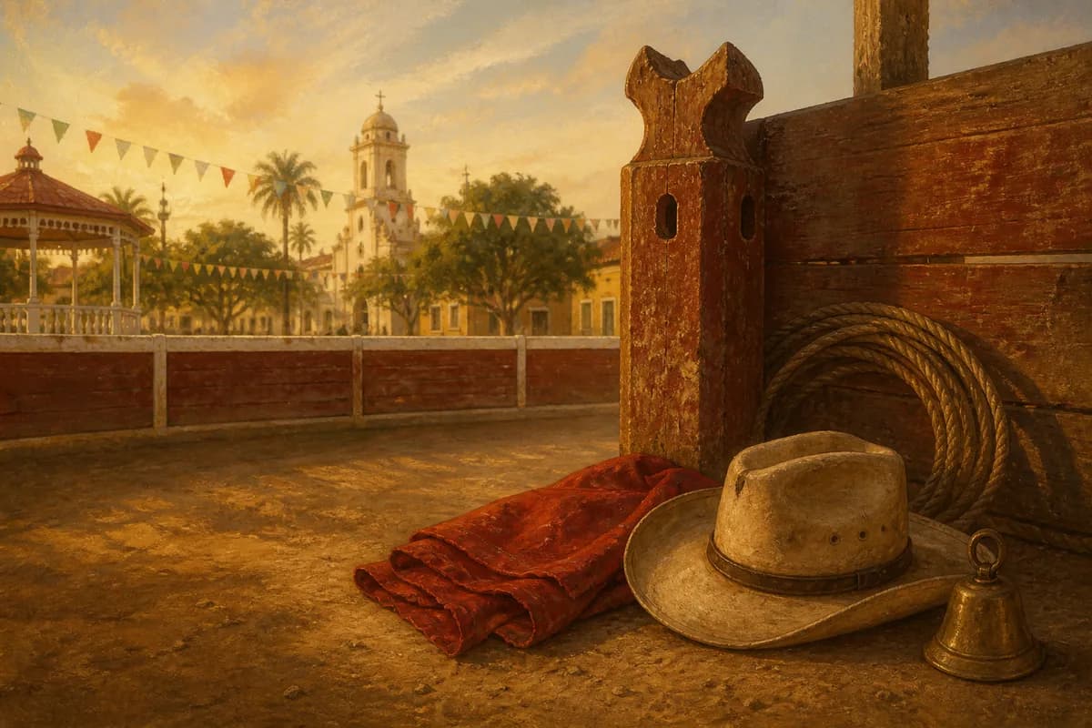 Ilustración editorial de la barrera, el pañuelo y los elementos de una tarde taurina seibana