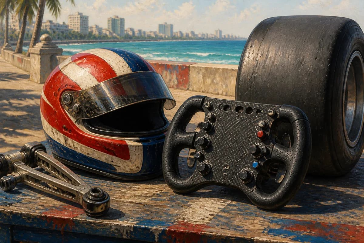 Ilustración editorial de un volante, casco y neumático de un monoplaza de Fórmula 1 junto al mar Caribe