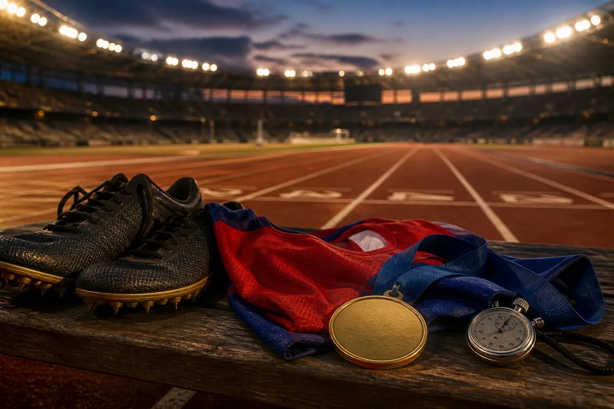 Ilustración editorial de zapatillas, una medalla y un uniforme de velocidad junto a una pista iluminada