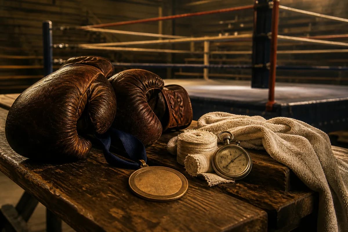 Ilustración editorial de guantes, vendas y una medalla de bronce junto a un ring vacío