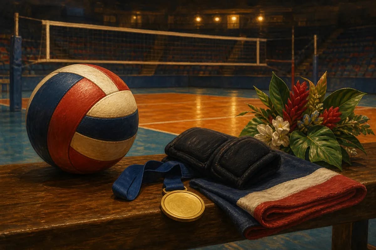 Ilustración editorial de un balón, una medalla y una cancha de voleibol después de una final