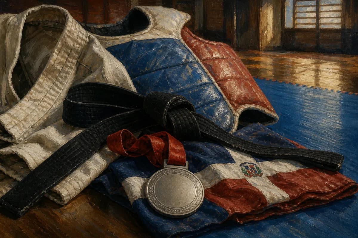 Ilustración editorial de un peto, un cinturón y una medalla sobre un tapiz de artes marciales