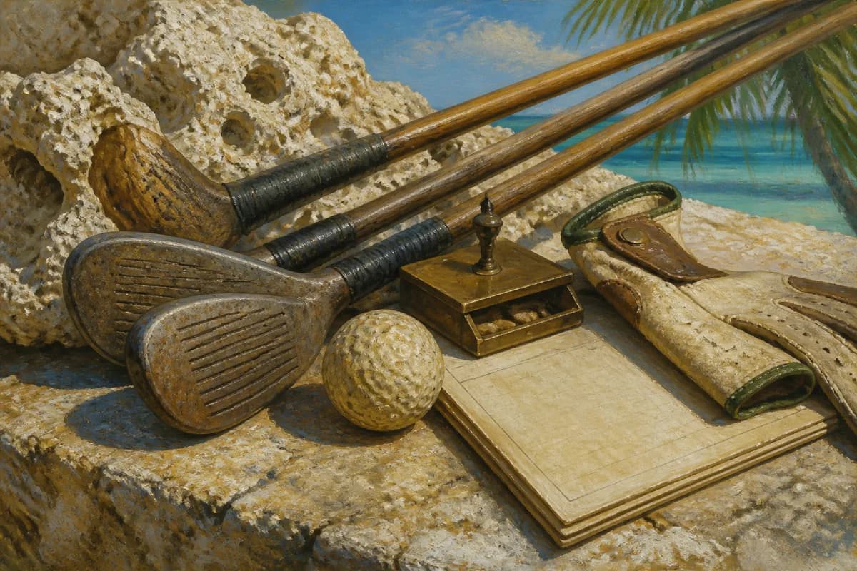 Ilustración editorial de palos, una pelota y una tarjeta de golf junto a un paisaje costero de La Romana