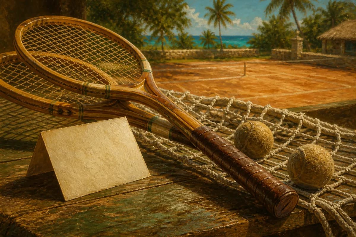 Ilustración editorial de raquetas, pelotas y una invitación de un torneo de tenis de 1978